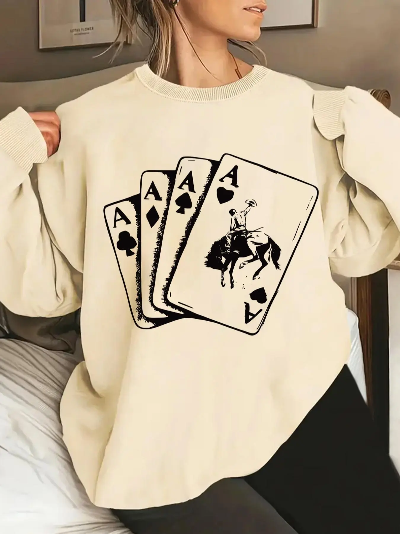 Women's Playing Card Print Crew Neck Sweatshirt, Casual Long Sleeve Pullover for Fall & Winter, Women's Clothes for Daily Wear