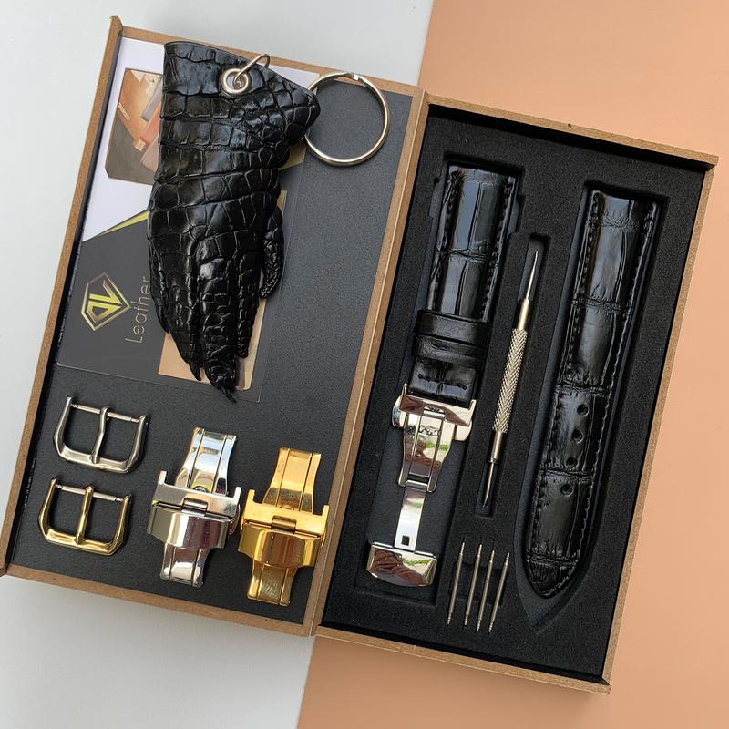 Dây Đồng Hồ Da Cá Sấu Thật, Vân Trúc, Màu Đen/Nâu-Bộ Sản Phẩm: Hộp + Chốt + Khóa + Cây tháo lắp [Tặng Kèm Móc Khóa-Mẫu ngẫu nhiên] Voi Lịch Pin Bàn Tay