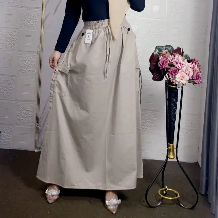 Zilka Rok Panjang Wanita Cargo Katun Jumbo A-Line Maxi Serut Tebal Dengan Saku Samping Nyaman Formal 4
