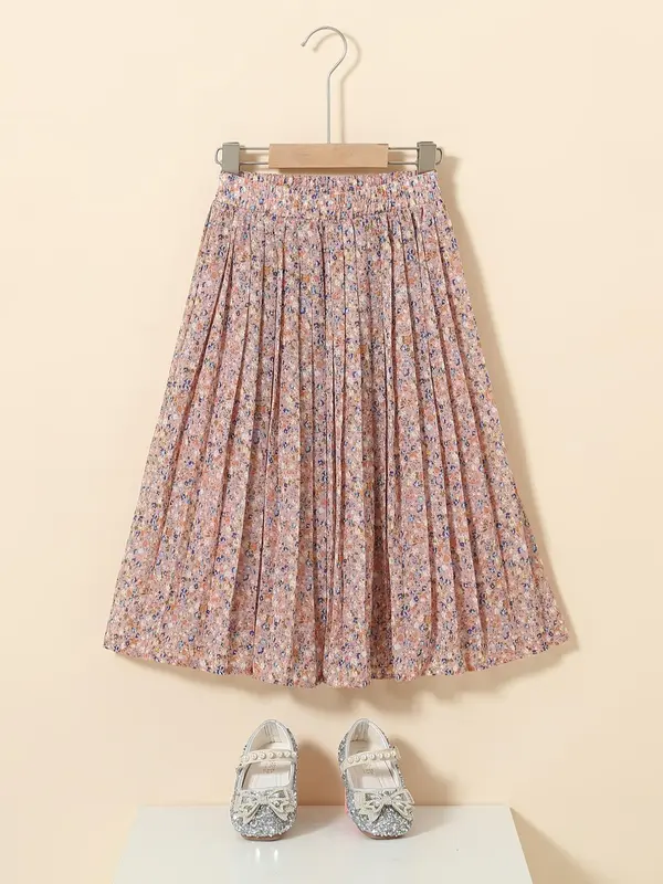 Girl's Ditsy Floral Print Pleated Skirt, Boho Style Elastic Waist A Line Skirt for Daily Wear, Kids Bottoms for All Seasons 0