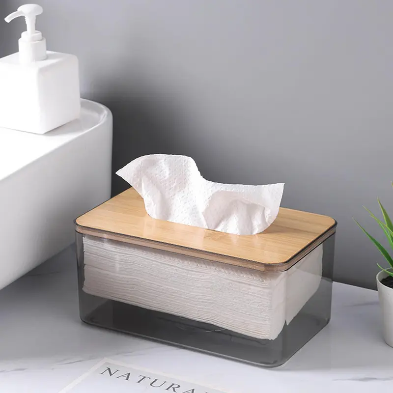 Clear Tissue Box with Wooden Lid, 1 Count Modern Simple Tissue Storage Box, Dustproof Tissue Holder, Home Organizer for Living Room Bedroom Office 6