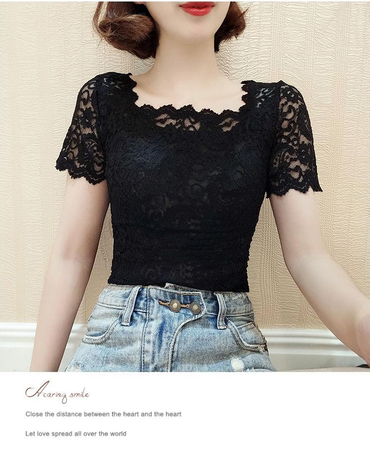 Product Introduction of Áo Sơ Mi Ren Bên Trong, Cổ Vuông, ngắn Tay Áo, Thiết Kế Đẹp, Lưới Mỏng Vừa Vặn, Áo Xương Đòn Lộ Ra, Áo Thun Bó Sát Thanh Lịch Cho Nữ 15
