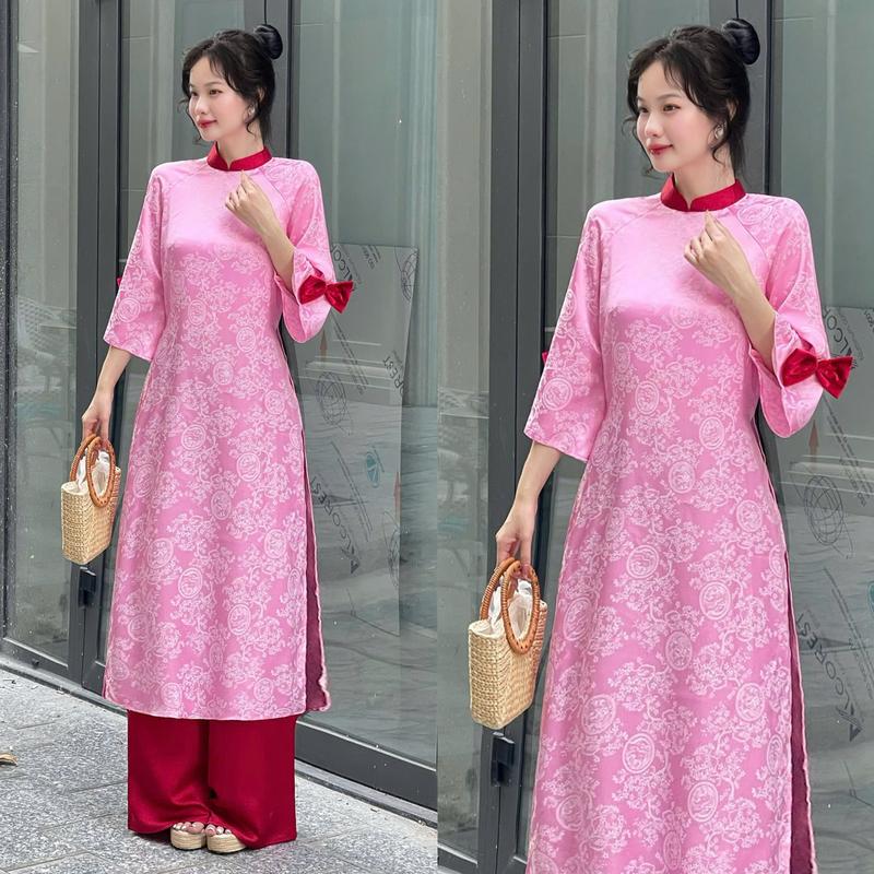 Áo Dài Nữ Thiết Kế EMME V1997 Form Suông Cổ Đứng Tay Loe Đính Nơ Nhung Cách Điệu [ Kèm Quần Lụa ] 8