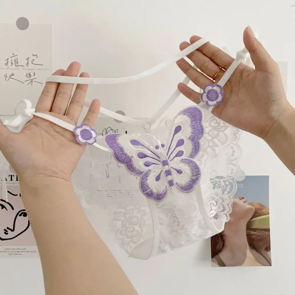 Fashion Lace Tied Up Lace Butterfly Embroidery Panties Transparent Underpants Women's Mid Waist Mesh Briefs Thin Underwear Lace Floral Seamless Lingerie Female