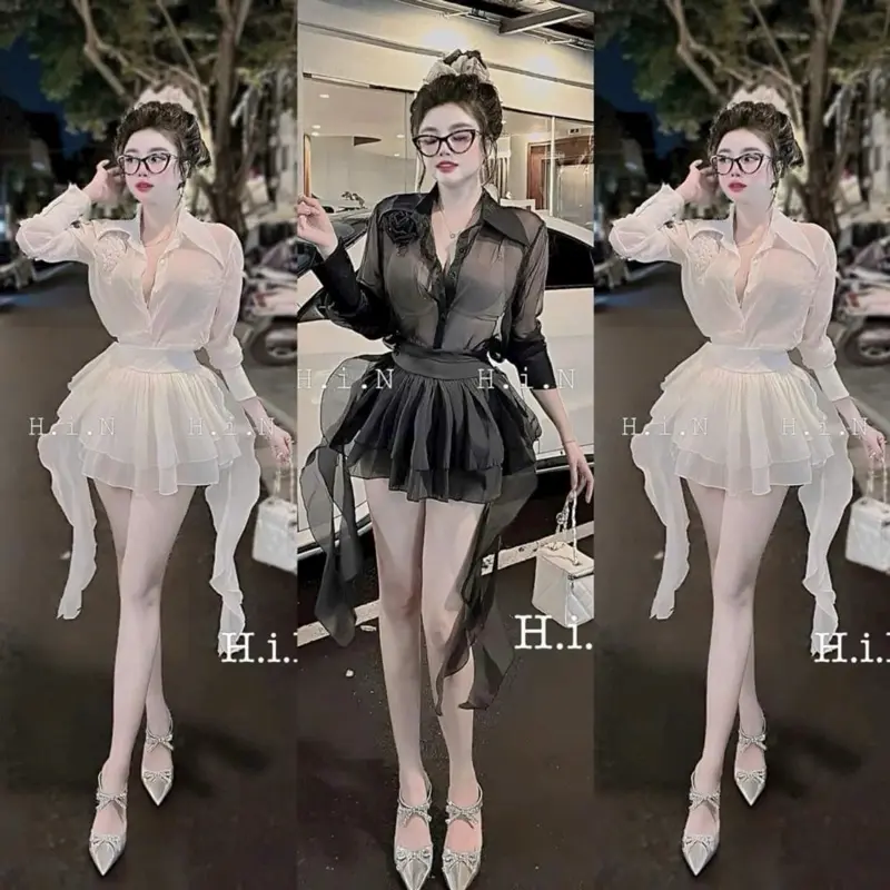 Sét váy sơ mi voan tơ tua rua dây tay dài siêu hot