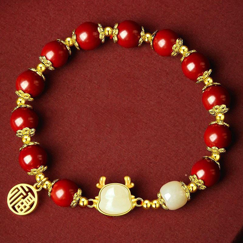 Product Introduction of Hongfu Jade Dragon Imitation Hetian Jade Bracelet for Women Dragon Zodiac Imitation Cinnabar Beaded Bracelet Dragon Year Birth Year New Year Birthday Gift 11