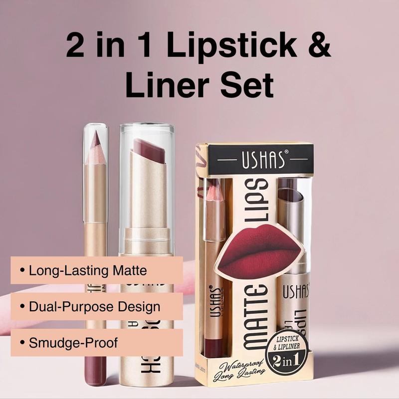 Product Introduction of 2 in 1 Lipstick & Lip Liner Makeup Set, 2 Counts/set Long Lasting Nude Color Lipstick Makeup Tool, Lip Gloss Lip Liner Lip Stain Lip Kit Sets, Gift for Girls & Women 6