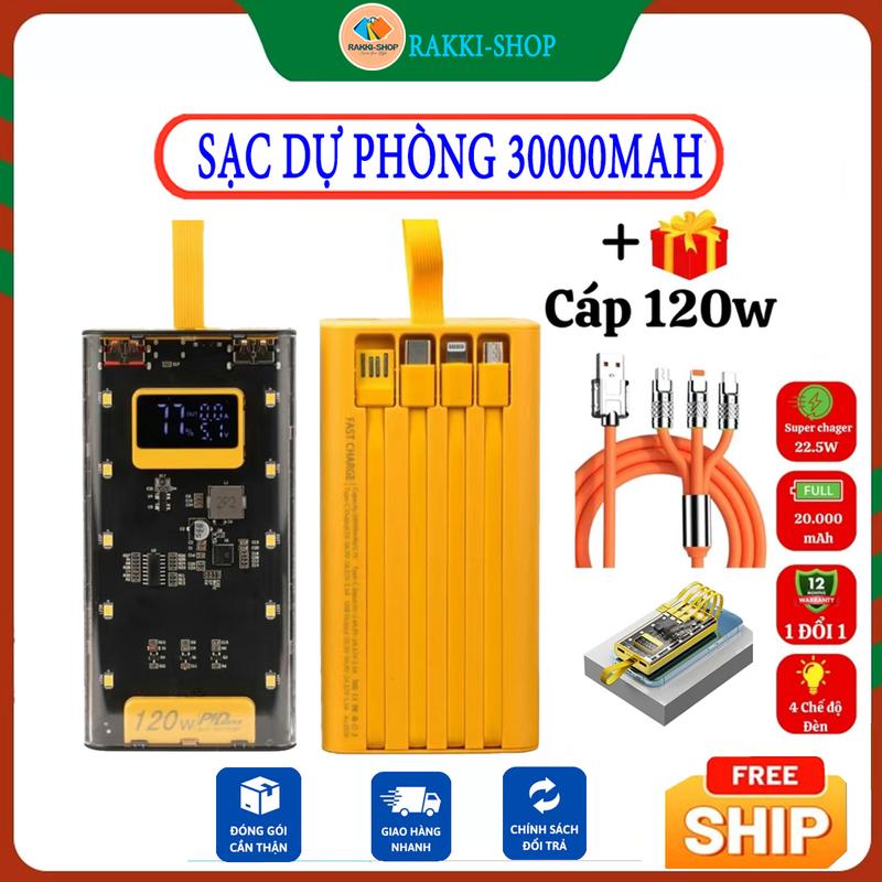Sạc dự phòng 120W 30.000mAh , Mặt Vuông Trong Suốt,Sạc Nhanh Cho Các Dòng Điện Thoại, Có 10 Bóng Đèn Led,Và Hiện Thị Phần Trăm Pin, Sản Phẩm Được Tặng Kèm Dây Sạc Nhanh 3 Đầu. Sạc Pin cuc sac
