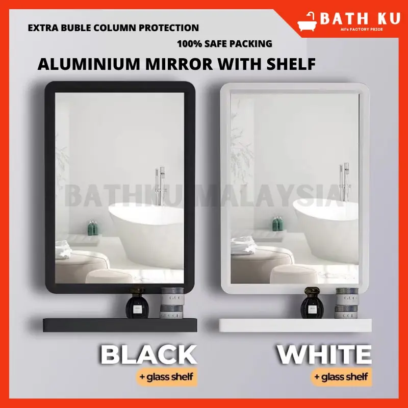 BATHKU Aluminium Bathroom Mirror Aluminium Mirror + Glass Shelf Set [Black WHITE]  cermin bilik air RECTANGLE MIRROR HIGH QUALITY