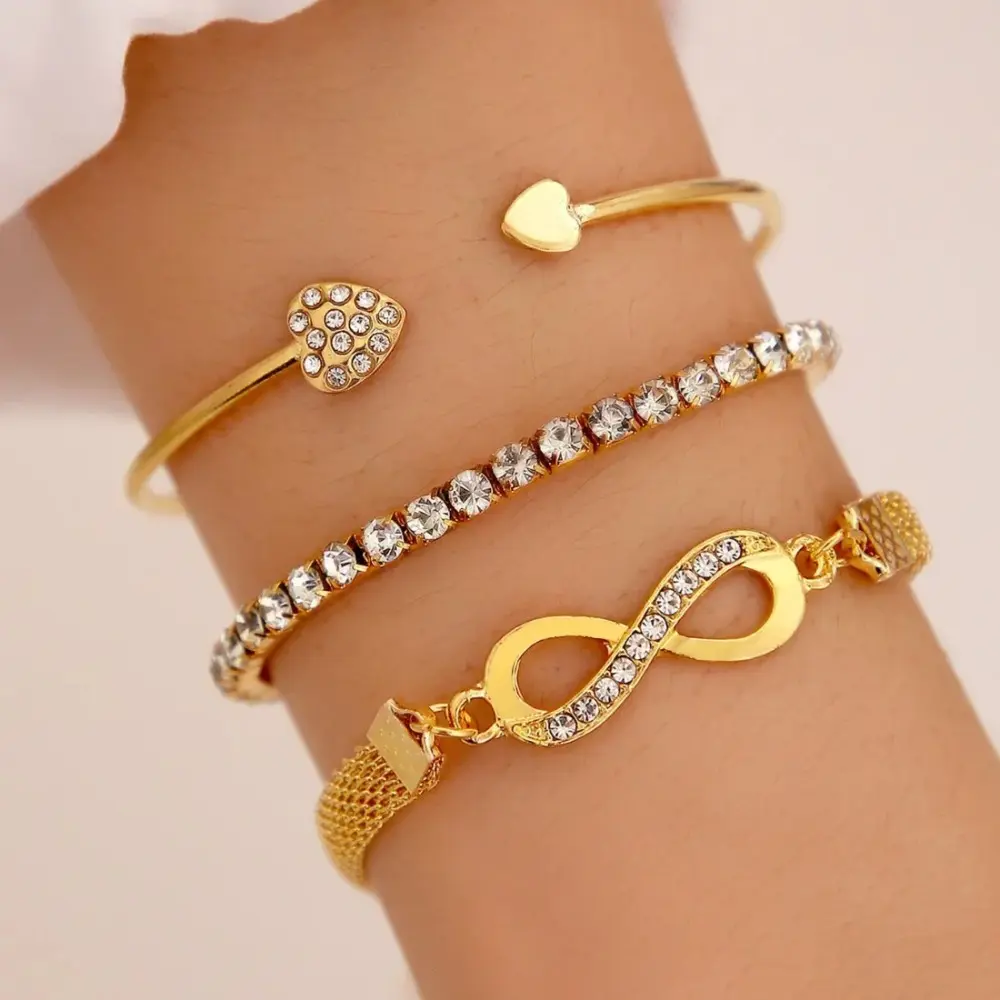 Minimalist Lucky Gold Color Rhinestones Bracelet Heart Open Cuff Bangle Trendy Geometric Chain Bracelet Set for Women Jewelry