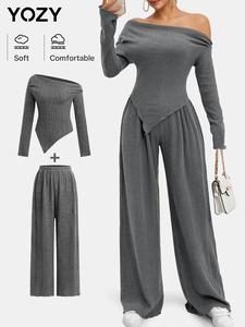 YOZY Women's Solid Off Shoulder Asymmetrical Hem Ribbed Top & Elastic Waist Pants Two-piece Set, Casual Fashion Cozy Top & Trousers for Daily Outdoor Wear, Ladies Clothes for All Seasons