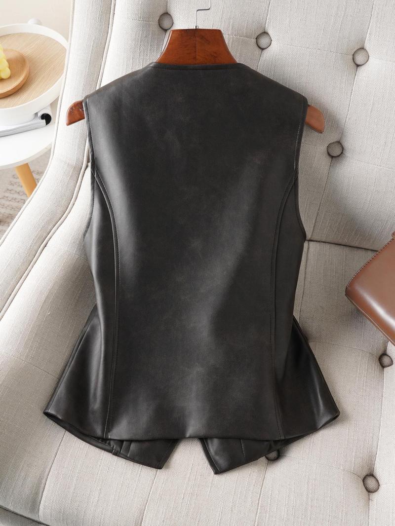 Product Introduction of Women's Solid Color Button Front Pu Leather Vest, Fashion Casual V Neck Outerwear for Work Office Business, Ladies Spring & Fall Clothes 6