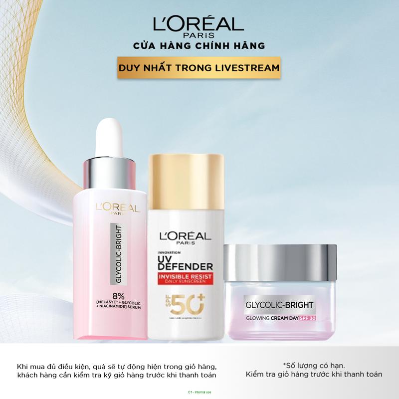 Bộ sản phẩm dưỡng trắng, Serum Glycolic melasyl 8% 30ml và kem dưỡng ngày Glycolic Acid 50 ml và kem chống nắng Loreal Paris 50ml