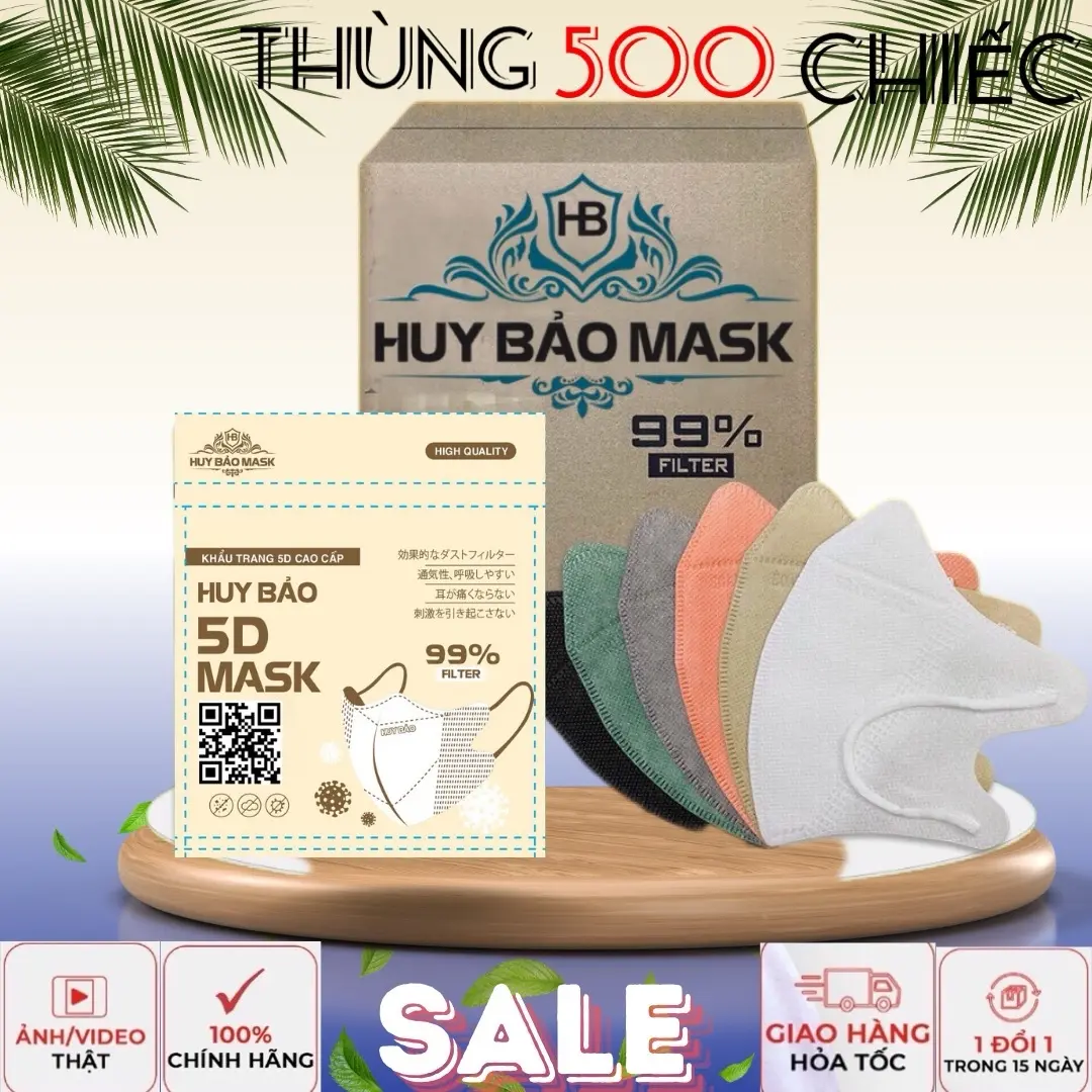 Khẩu trang 5D Huy Bảo [thùng 500 chiếc] - Kháng khuẩn, chống bụi mịn, giọt bắn, tia UV - Voi, Nhung Phụ Kiện Women Khuyên Tai