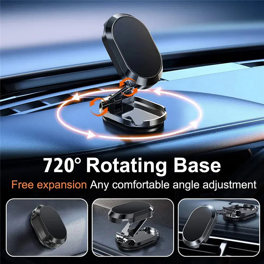 New folding magnetic suction car phone holder with rotating base, universal 360 degree adjustable navigation for car dashboard, fixed phone support