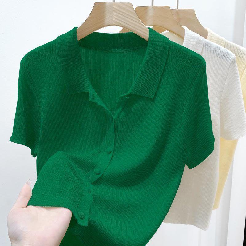Đồ Len Dệt Kim, Ngắn Tay, Cổ Polo Mỏng, Thanh Lịch Và Mỏng Vừa Vặn, Dành Cho Phụ Nữ Vào Mùa Hè, Màu Trơn Nhỏ Dễ Phối Đồ Áo Cardigan Ngắn 3
