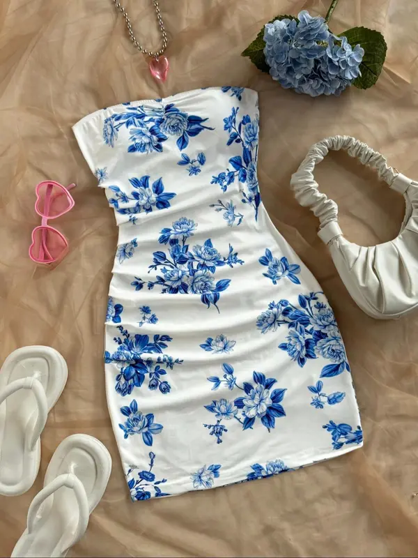 Women's Floral Print Tube Dress, Casual Sleeveless Dress for Summer, Ladies Clothes for Beach Holiday Vacation, Womenswear 0