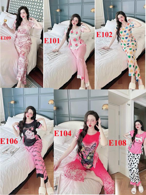 [Lụa latin] Đồ bộ pijama nữ lụa mặc nhà , bộ ngủ lụa latin quần dài áo tay ngắn cổ tròn thắt nơ eo Xuân/Tết 2025