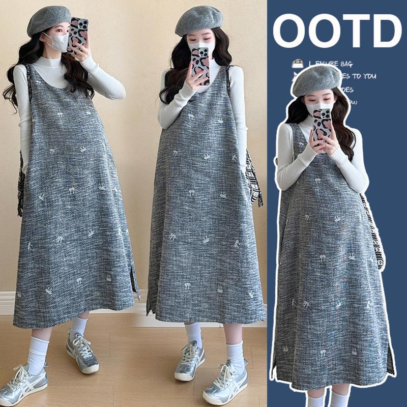 Young Mom | Bộ áo và yếm bầu màu Xám sang trọng Y552 dáng công sở và đi tiệc với chất Len dày dặn mềm mại Thai sản Thoải mái Voi Váy Bầu Đầm Bầu
