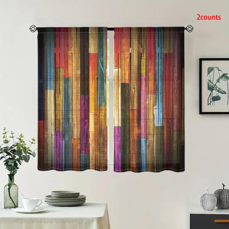 Multi-color Wooden Background Curtains, 2 Counts Semi Transparent, Pole Pocket Installation, Polyester Material, Suitable for Living Room, Bedroom, Home Decoration, Moving Supplies, Moving Decoration, New Home Decoration, Rental House Curtains 0