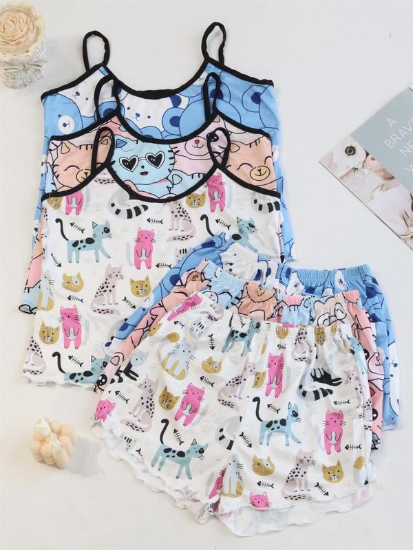 6 Pieces Women's Contrast Binding Lettuce Trim Cami Top & Shorts Pyjamas Set, Casual Comfy Halloween Pumpkin & Skull Print Camisole & Shorts Pj Set, Sleepwear Set for Women, Co-ord Sets for Women, Nightwear 5