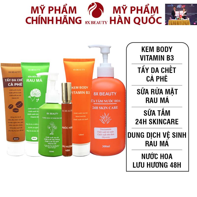 {Nghiêm Thị Trang} Combo 6 Món - Công Ty 8x Beauty Sữa Tắm Hương Nước hoa 300ml , Sữa Rửa Mặt Rau Má 90ml, Tẩy Da Chết 80ml, Kem Body 120ml, Dung Dịch Vệ Sinh Rau Má 120ml, Nước Hoa 5ml