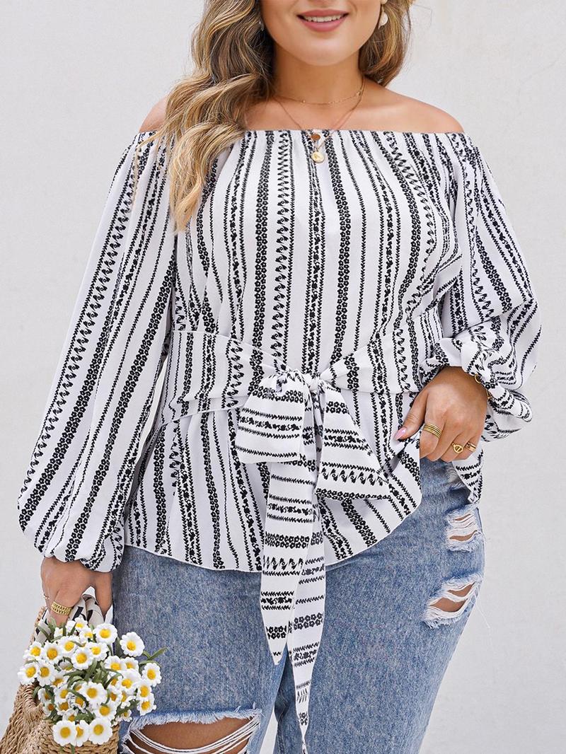 Product Introduction of CURVZY Plus Size Striped Print Knot Front Blouse, Casual Long Sleeve Off Shoulder Top for Spring & Fall, Women's Clothes for Daily Wear 5