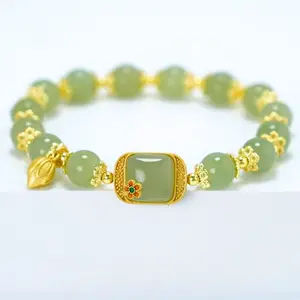 Gelang Manik-Manik Liontin Teratai Keberuntungan Gelang Half Chain Green Gaya Retro Cantik