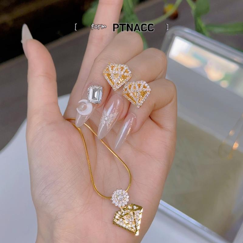 PTNACC dây cổ, khuyên tai xi mạ màu vàng đính đá tấm mini hình kim cương cho phụ nữ 0