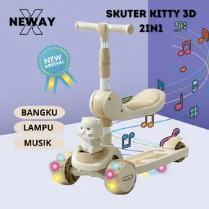 NewayX Skuter Mainan Anak Kucing 3D 2 in 1 Scooter Lipat 2in1 Duduk Roda Tiga Lampu Musik Rem Toys