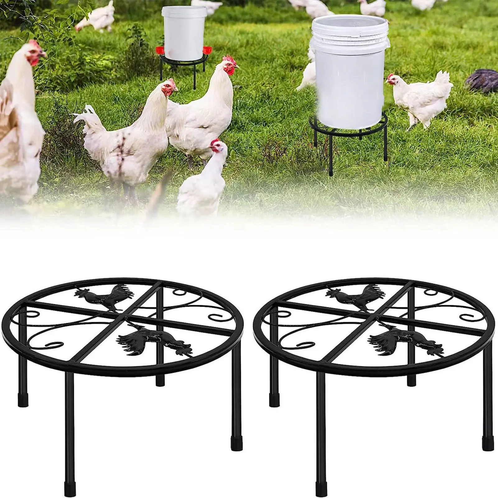 Chicken Feeder Waterer Metal Stand Metal Stand Holder 4 Legs Round Buckets Barrels Supporter Equipped Installed with Feeder Waterer Port Indoor Outdoor Poultry Accessory