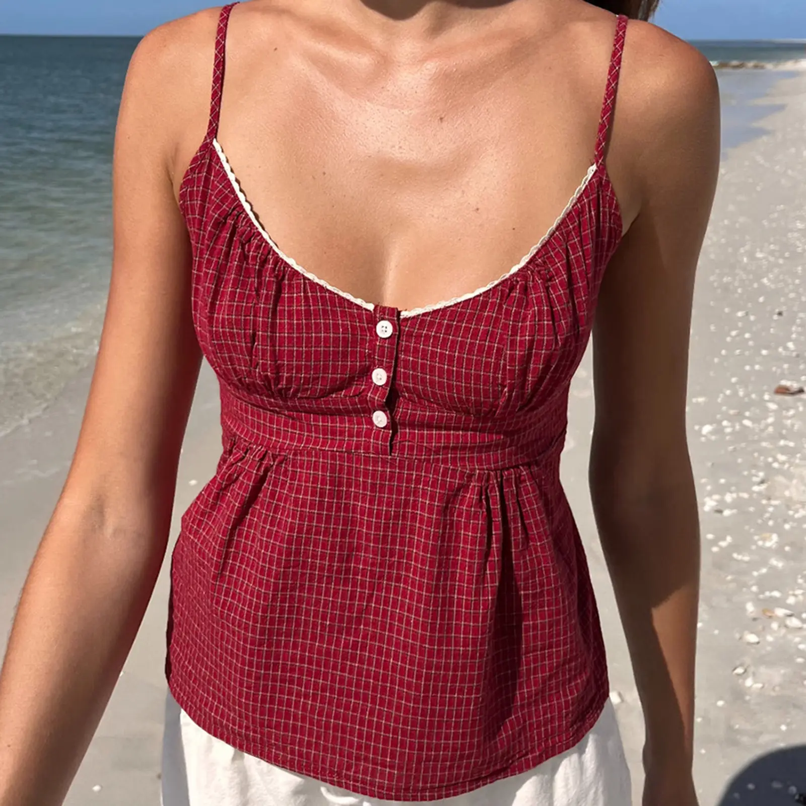 Cottage Plaid Button Up Camisole Y2k Fairy Gyaru Crop Tops Women Cute T-shirt Vintage Square Collar Short Sleeve Milkmaid Vest