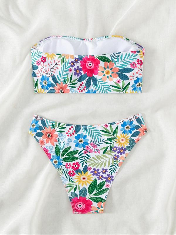 Women's Floral Print Bikini Set, Boho Fashion Sleeveless Swim Tube Top & Swim Bottom, Ladies Swimsuit Sets for Summer Beach Holiday, Bathing Suits 2024 for Women, Bikinis Sets 1
