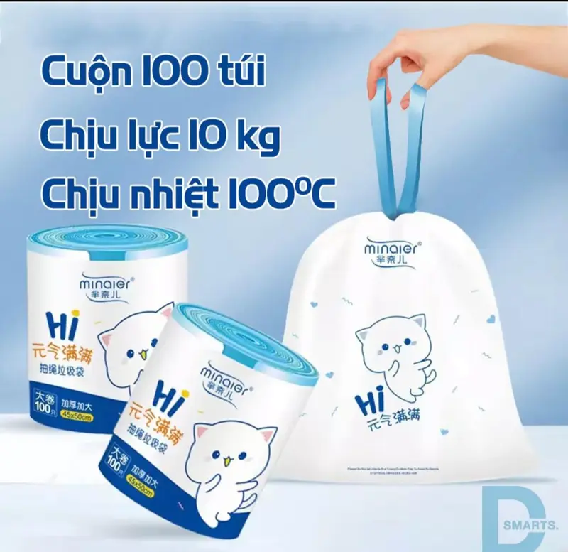 Cuộn 100 Túi Đựng Rác Có Dây Rút Minaier Loại Siêu Dày Dai Chắc Chắn, Túi Đựng Rác Chống Rò Rỉ Nước. 0