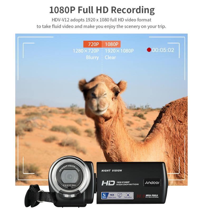 Andoer V12 1080P Full HD 16X Digital Zoom Recording Video Camera Portable Camcorder with 3.0 Inch Rotatable LCD Screen Max. 30 Mega Pixels Support Night Vision Face Detection Face Beautification 4