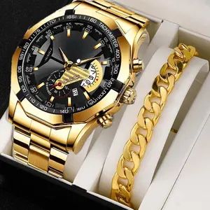 2PCS Jam Tangan Kuarsa Pria Kaca Gaya Bisnis Tampilan Ganda Stainless Layar Ganda Tali Baja Dial  Quartz  Watches Besar Gelang Gratis  ( Tanpa Kotak )