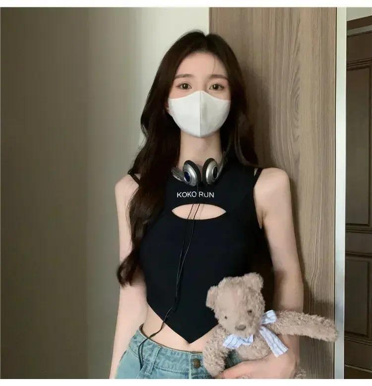 Product Introduction of Casual Crop Tops Women Knit Irregular Tops Hollow Out Camisole Fake Two Pieces Tank Tops With Bra Pad Women Summer 12