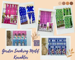 Gorden Hordeng Korden Kain  Katun Pintu Jendela Minimalis 12 Ring Gold Motif Karakter 1 Tali gorden  tempel Curtain