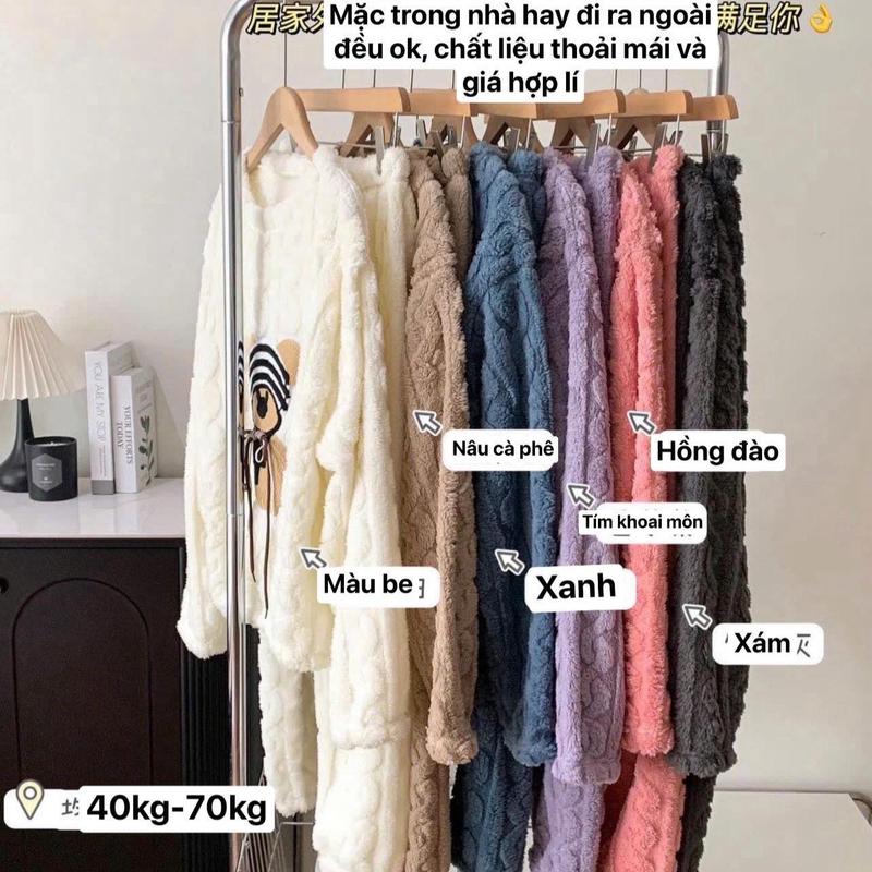 Qc (mã mới) Bộ ngủ lông xoăn GẤU mũ 6 màu An nhiên shop mùa đông Women Nữ - bộ Áo lông Ann Nhiên 6