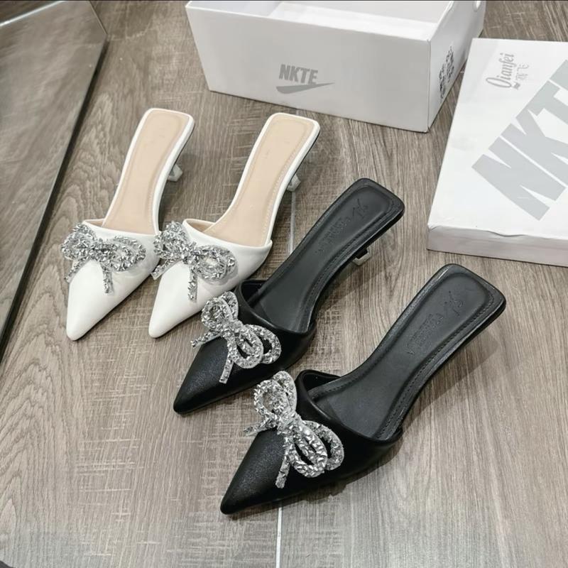  Dép guốc cao gót nữ bít mũi phối quai nơ đính đá lấp lánh thời trang công sở - THG.Shoes 