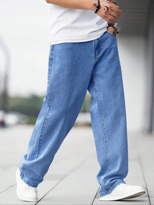 Men's Solid Color Wide Leg Jeans, Loose Casual Comfy Denim Trousers for Daily Wear, Fashion Men's Bottoms for All Seasons, Cotton, Casual Pants 2