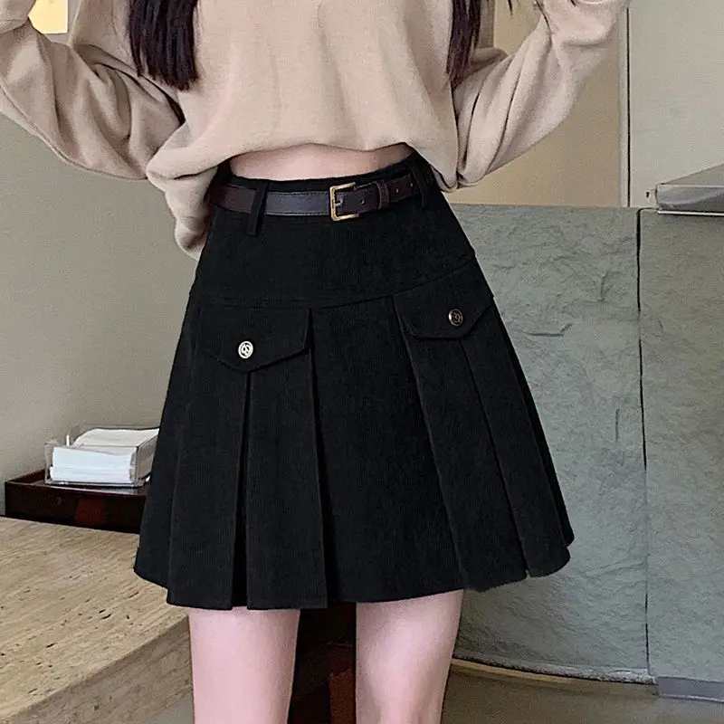 Chân Váy Xếp Ly, Chất Liệu Vải Nhung Kẻ, Dành Cho Nữ, Hàng Mới Về Mùa Thu Và Mùa Đông, Chữ A Cạp Cao, Bó Sát, Trẻ Trung Và Cổ Điển, Dễ Phối Đồ, Phong Cách Phương Tây, Chân Váy Ngắn 6