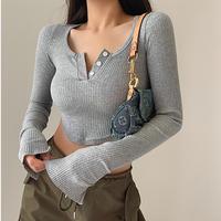 Gambar 【Premium】Women's Rib V Neck with Button Long Sleeve Crop Top T-Shirt 2814 (S/M/L) - Black, S dari 99koutlet Kab. Tangerang 1 Tokopedia