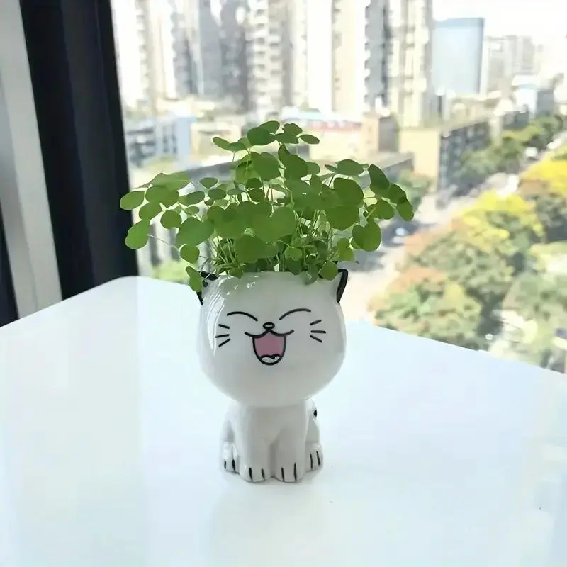 Cute Cat Design Ceramic Flower Pot, 4 Counts/set Mini Cartoon Cute Potted Plant, Desktop Potted Plant for Home Office School Decoration 6
