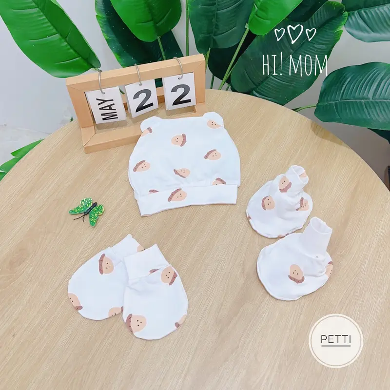 Set Mũ Kèm Bao Tay Chân Hi! Mom Nền Trắng Họa Tiết Chất Vải PETIT Mềm Mát Cho Bé Sơ Sinh (Mới) 1