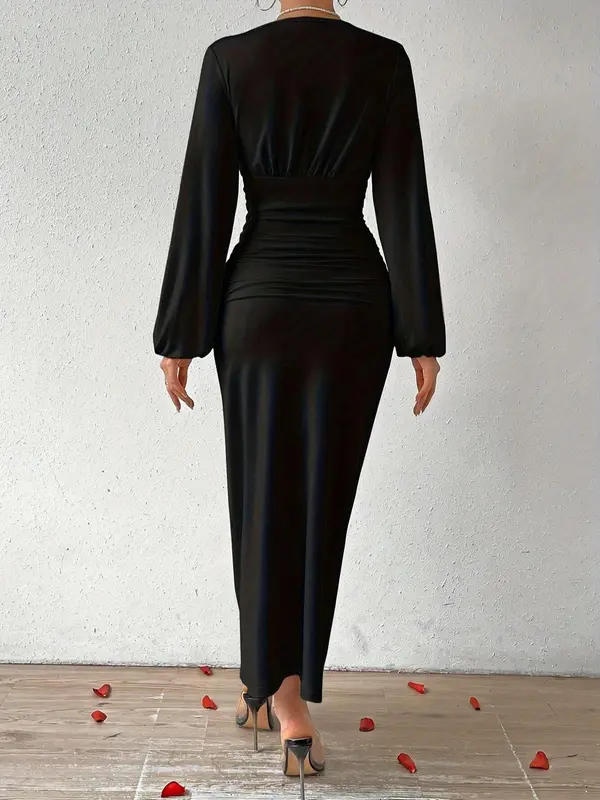 Women's Plain Dress, Elegant Deep V Neck Long Sleeve Evening Party Gown, Ladies Clothes for All Seasons 1