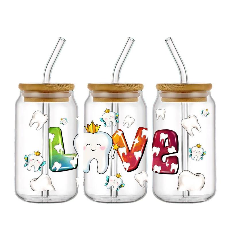 Dental Life Element UV DTF Transfer Sticker, 4 Counts/set Glass Jar Packaging Sticker, Love Dentist & Fairy Element Design UV DTF Cup Packaging Sticker 3
