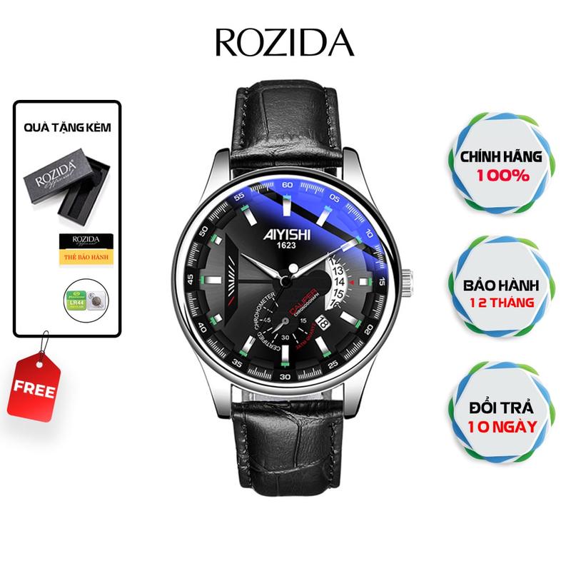 Đồng hồ nam aiyishi máy pin cao cấp dây da đẹp  Đeo Tay  chống nước 3atm, sang trọng, có lịch ngày, kim dạ quang Roozida DH25