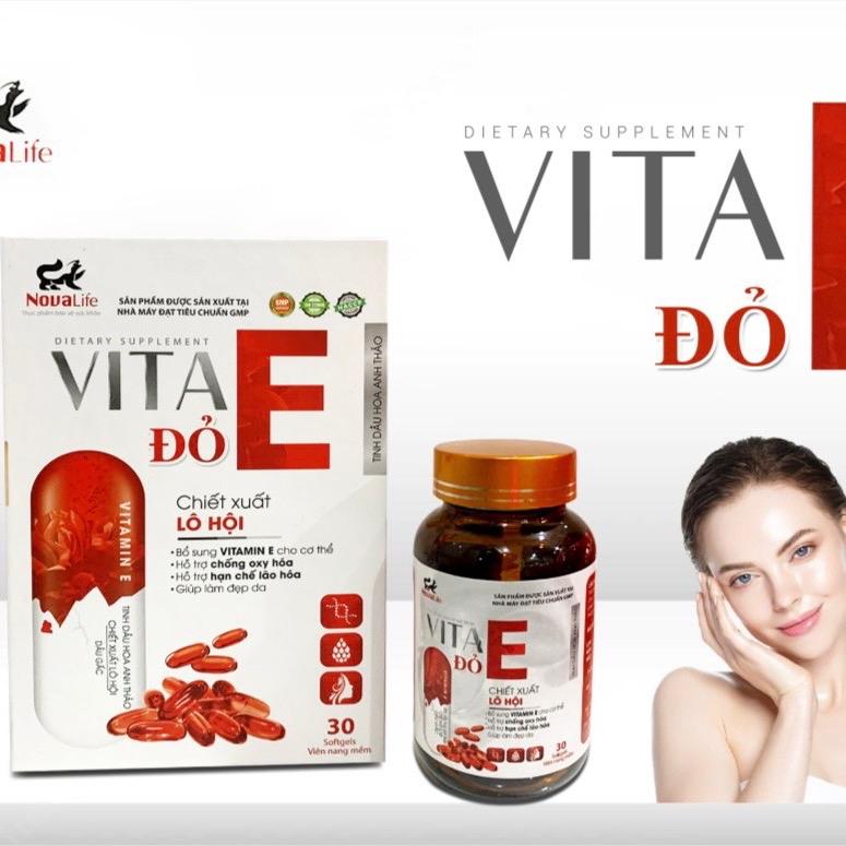 - VITA E ĐỎ Hoa anh thảo, giúp da sáng hồng mịn màng cắng bóng , hỗ trợ chống oxi hoá ,hạn chế da lão hoá. Cải thiện da khô nhăn ,nám sạm tăng sắc tố, đốm nâu nám sạm không đều màu, 1 hộp 30V dùng được 1 tháng. 4