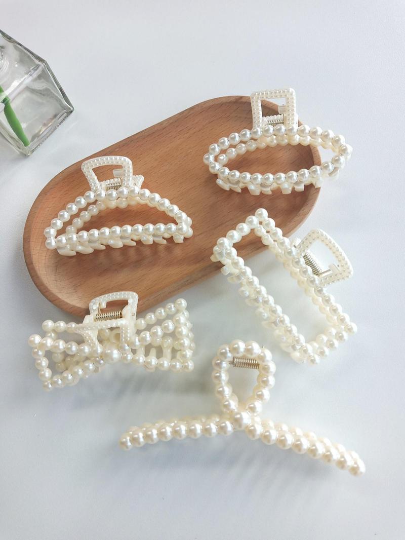 Product Introduction of Summer 2024 Elegant Style Geometric Faux Pearl Decor Hair Claw Clips, Gorgeous Bow Design Hair Claws Set, Fashion Kawaii Hair Accessories for Women & Girls 14
